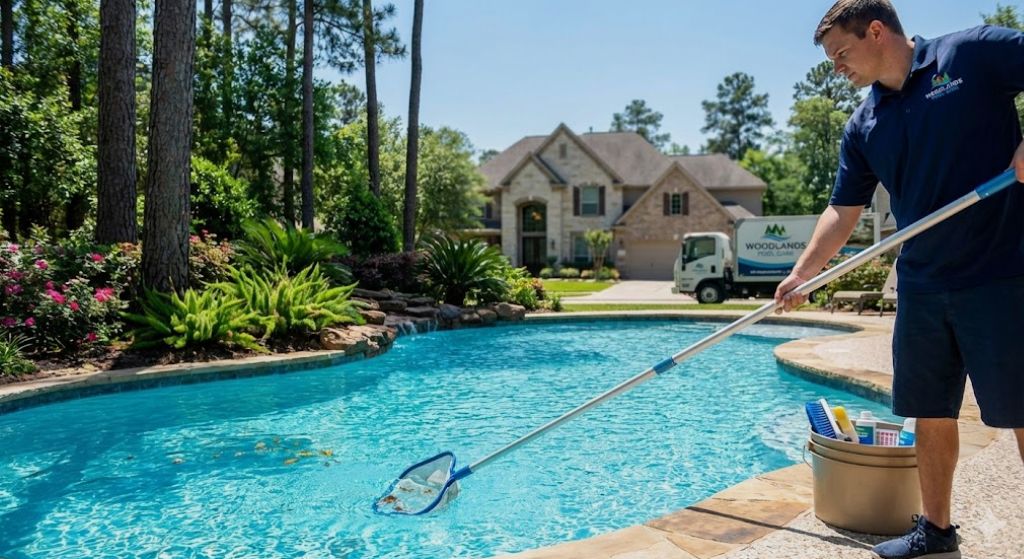 A professional technician from Woodlands Pool Care using a net skimmer to remove debris from a residential swimming pool surrounded by pine trees in The Woodlands, Texas.