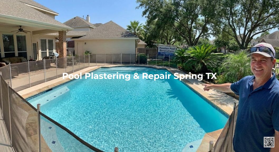 A smiling homeowner pointing proudly to his recently replastered backyard swimming pool in Houston, which is filled with water and surrounded by a mesh child safety fence on a sunny day