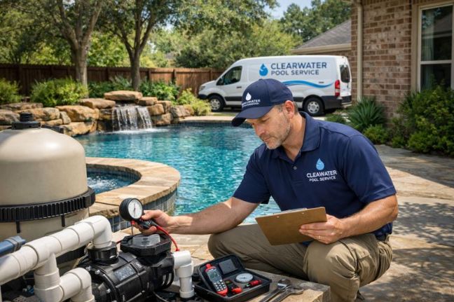 Experienced pool repair technician from Clearwater Pool Service inspecting pool pump and filter system at a residential pool with spa in Tomball, Texas.